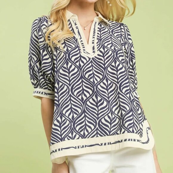 Umgee Tops - Umgee Geometric Leaf Print Popover Top